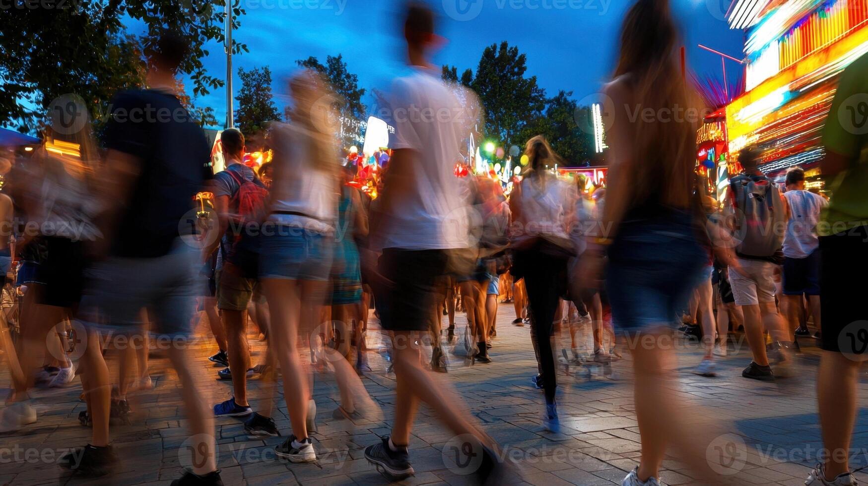 A crowd of people walking in a city at night photo