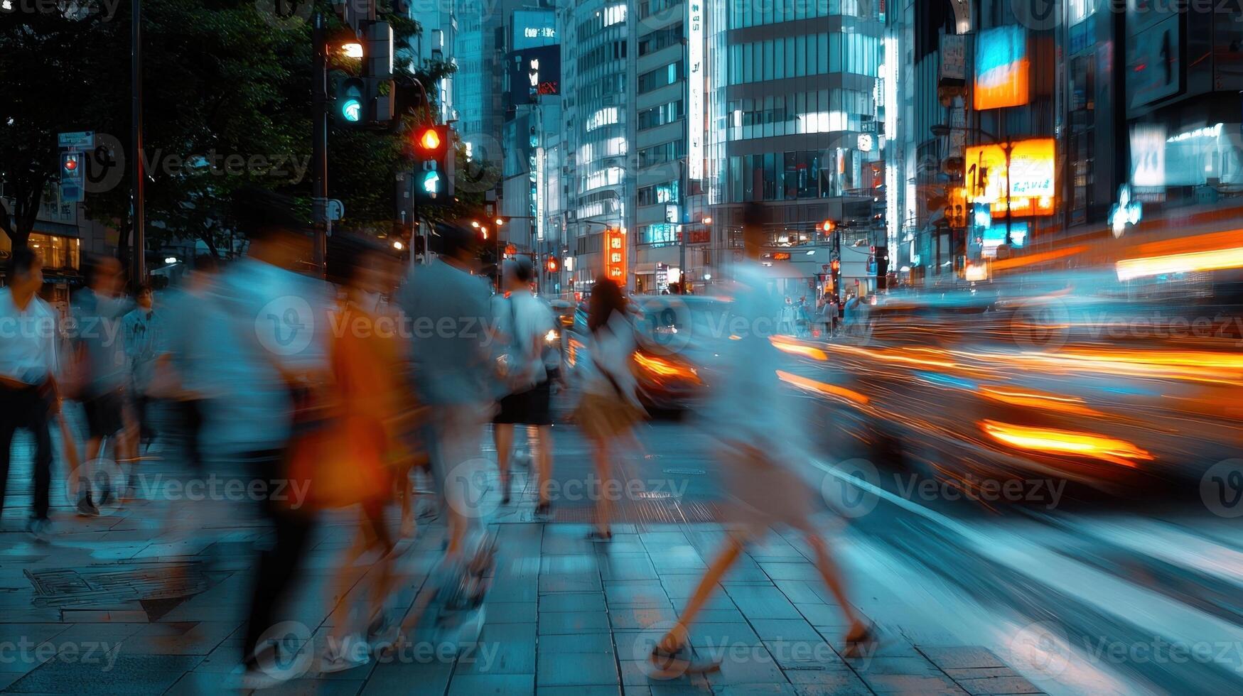 A blurry image of people walking down a busy street photo