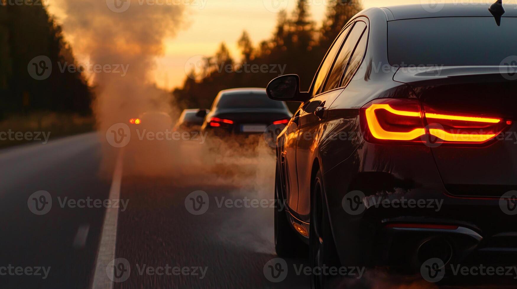 Cars driving on a road with smoke coming out of the tailpipe photo