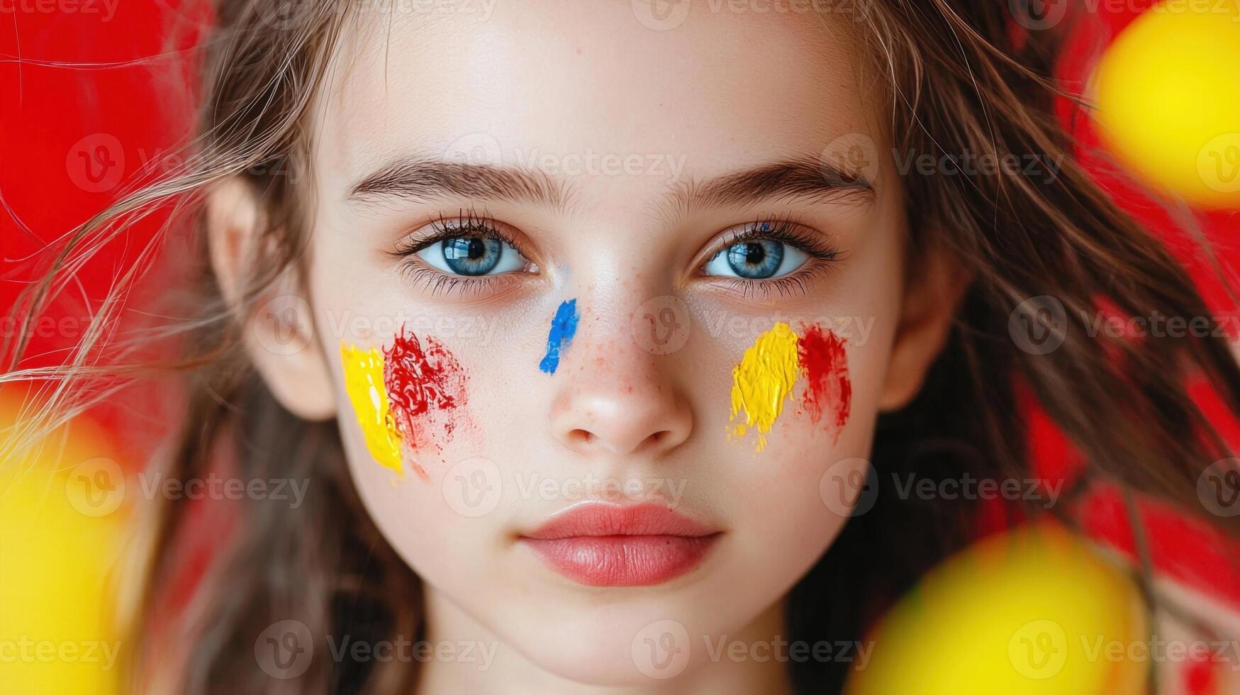 A young girl with painted face and yellow balloons photo
