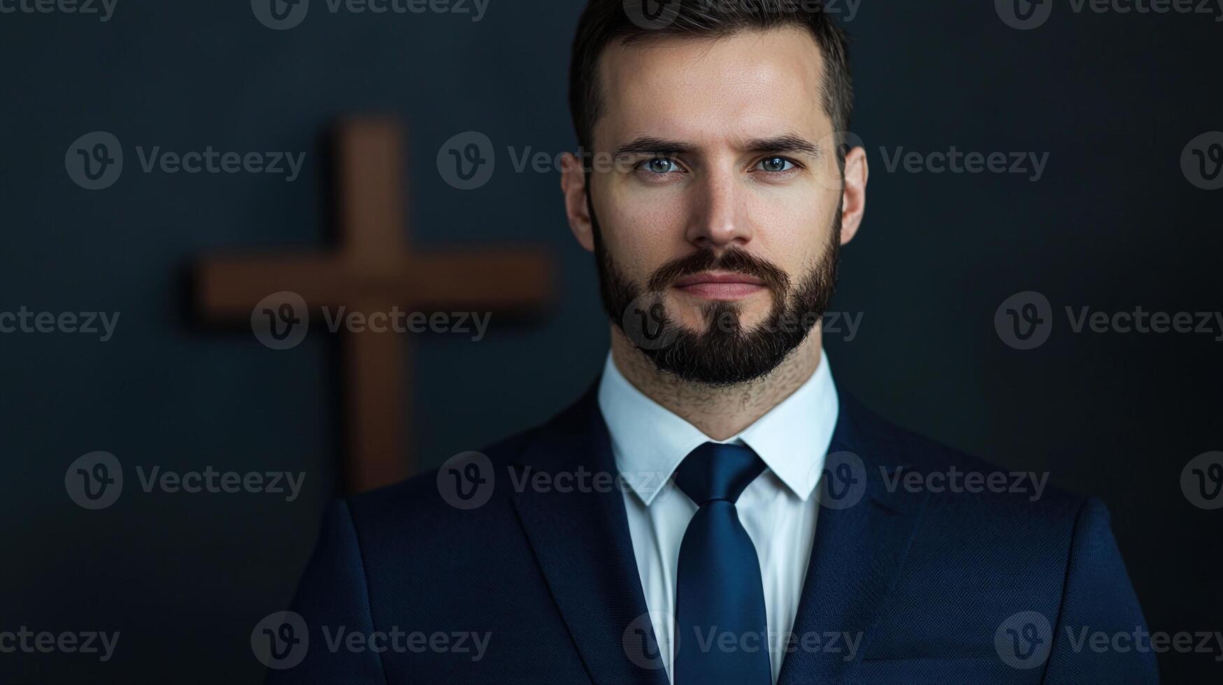 A man in a suit and tie standing in front of a cross photo