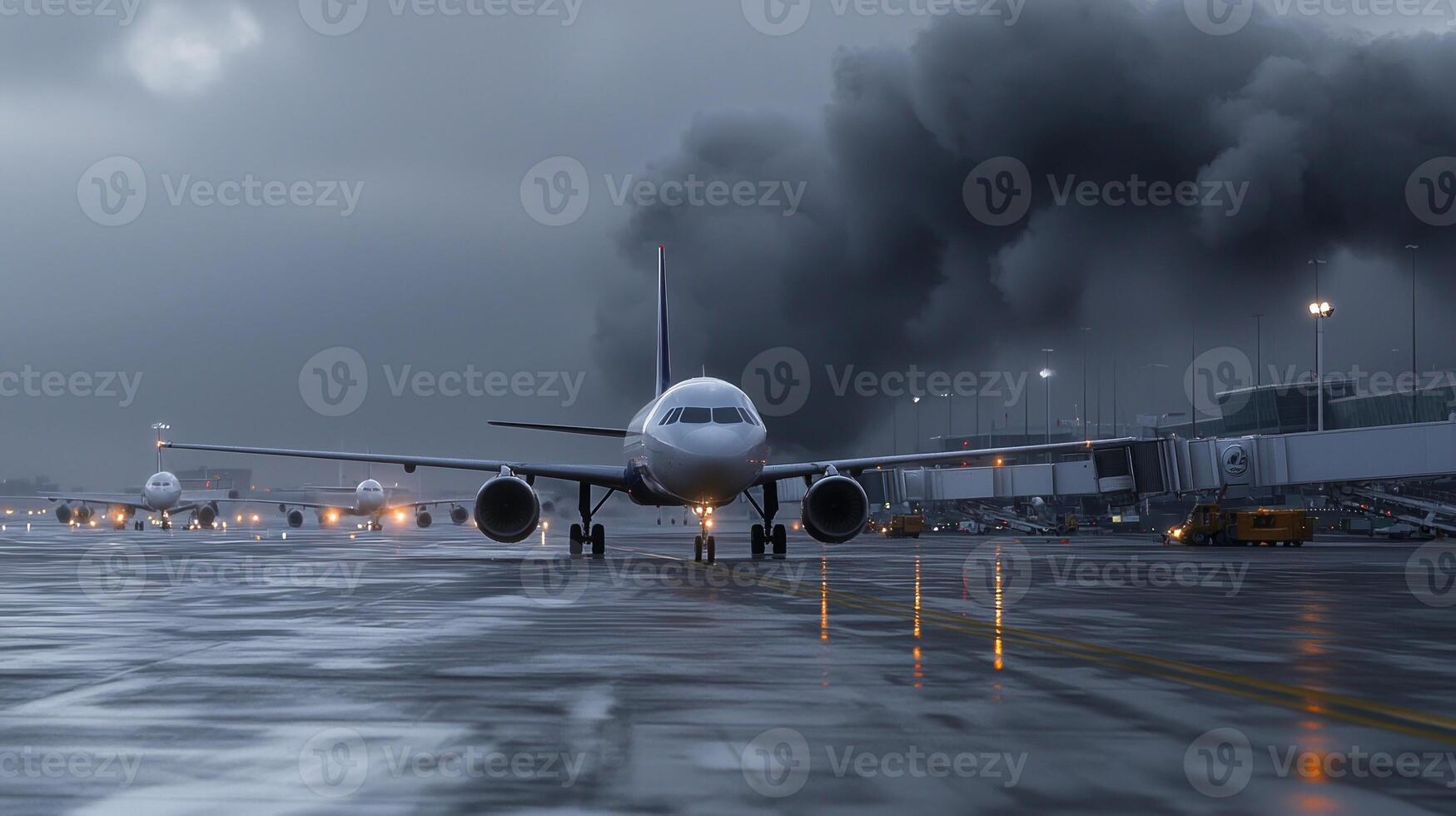 A large jet airplane on a runway with smoke coming out of it photo