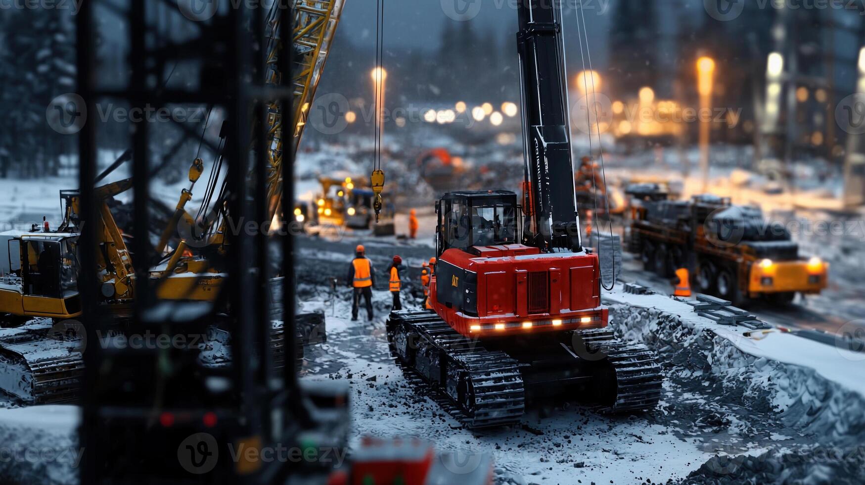 A construction site with a red construction machine photo