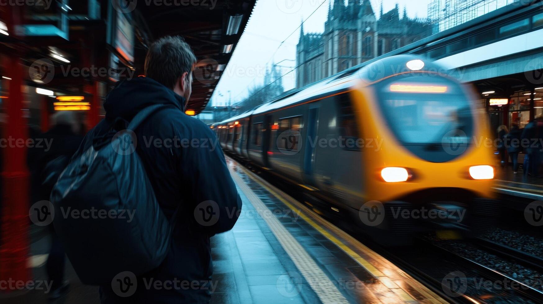 A man standing on a train platform waiting for a train photo