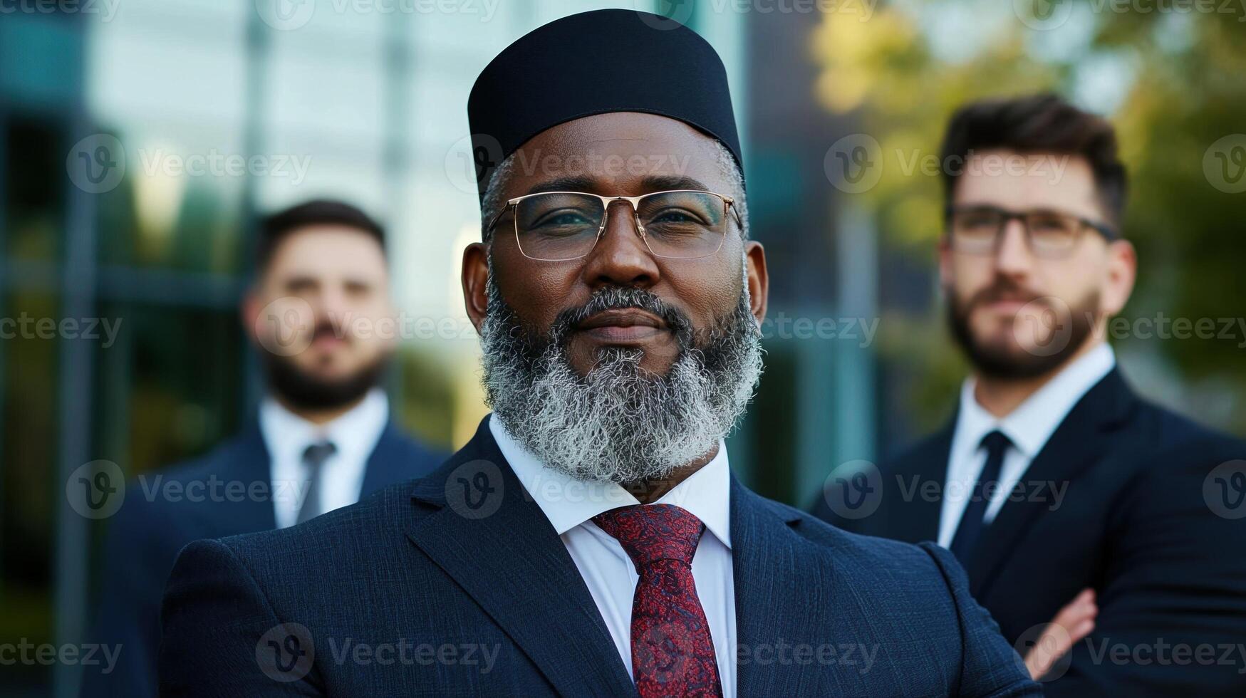 An african man with a beard and glasses standing in front of a group of business men photo