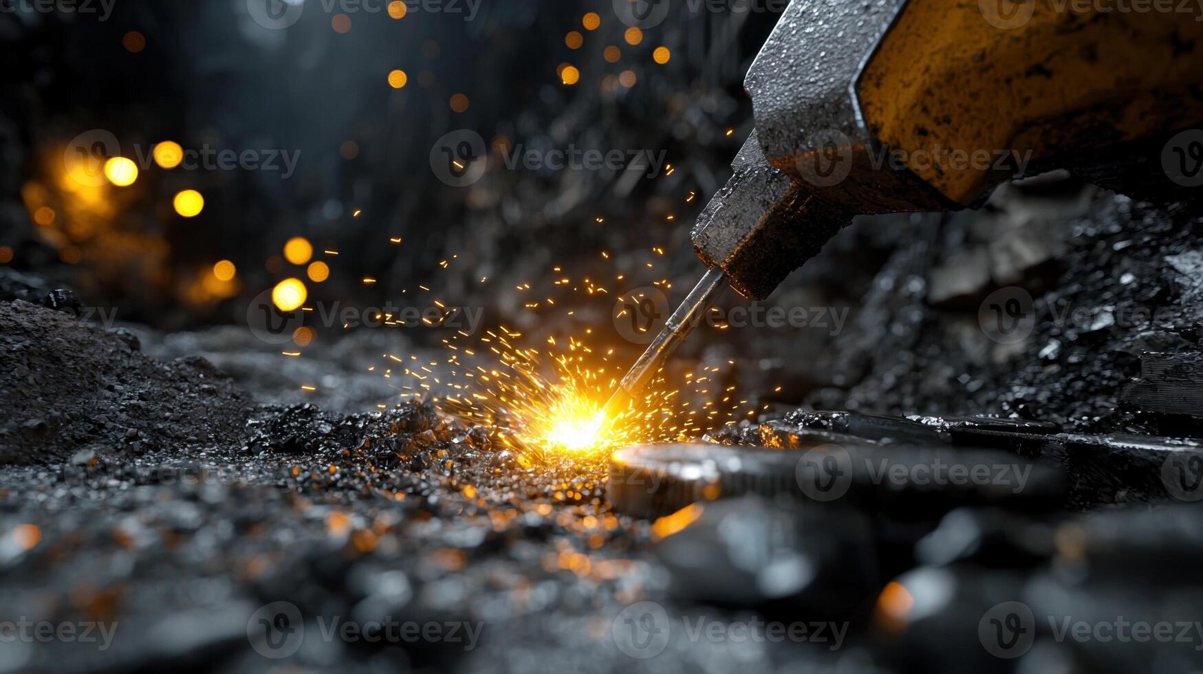 A black and yellow object is being used to cut through a pile of rocks photo