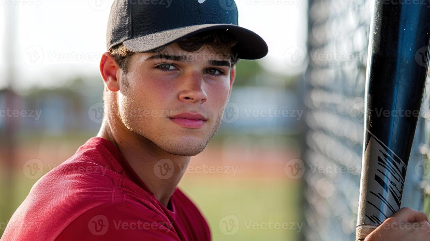 A young man in a baseball uniform holding a bat photo