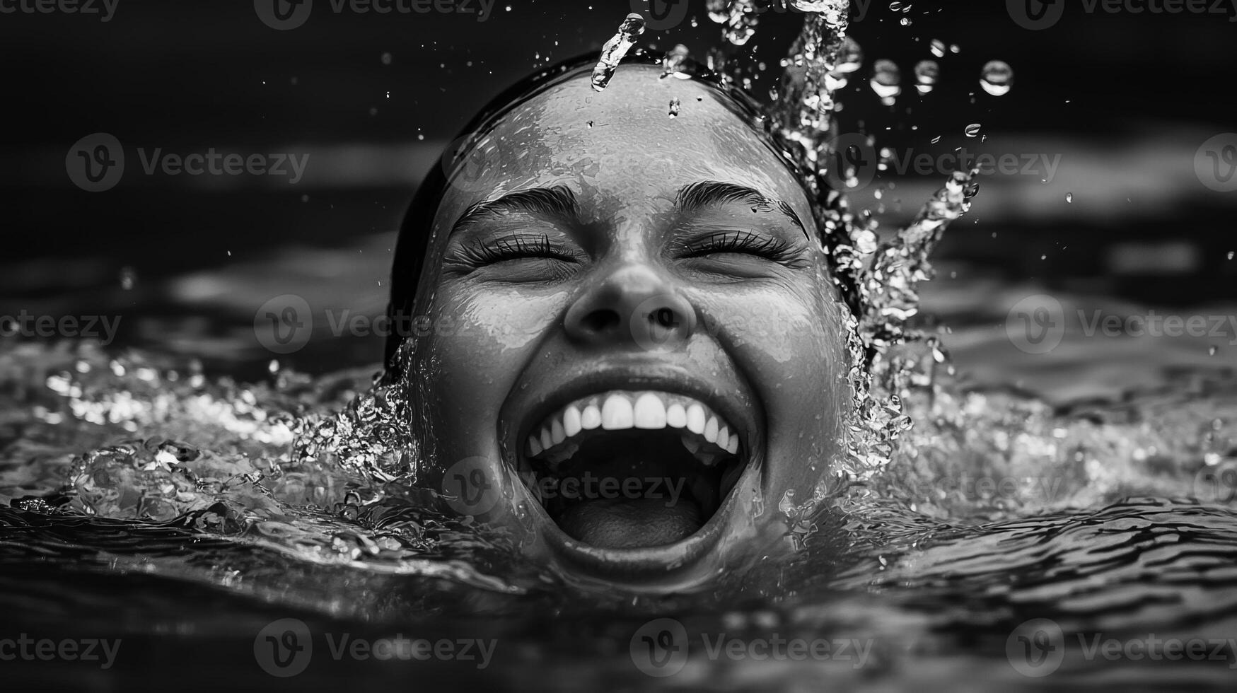 A woman is smiling and splashing water in the pool photo