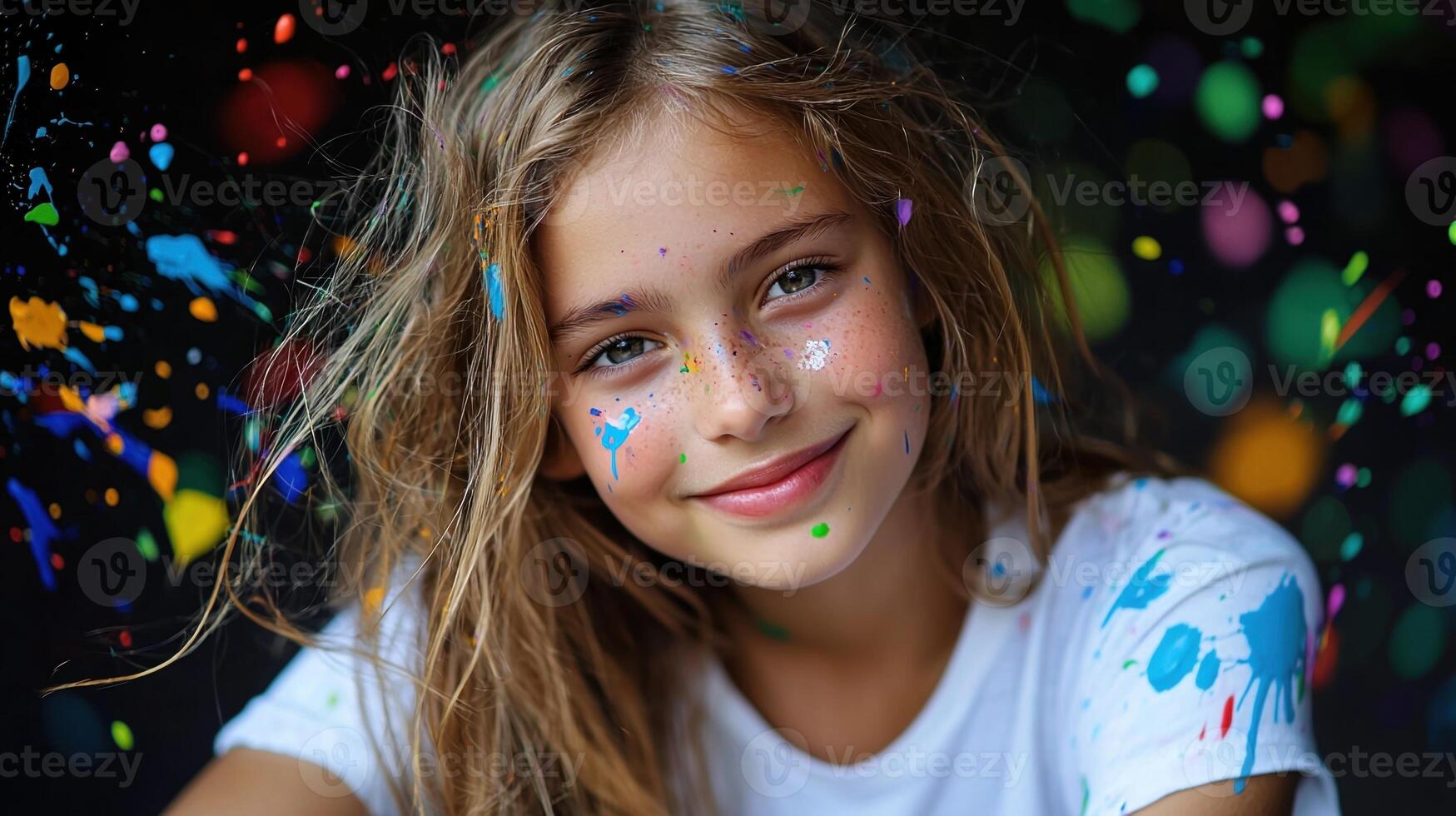 A young girl with paint splattered on her face photo