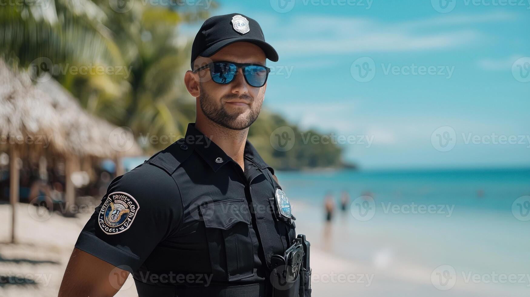 A police officer stands on a beach with his sunglasses on photo