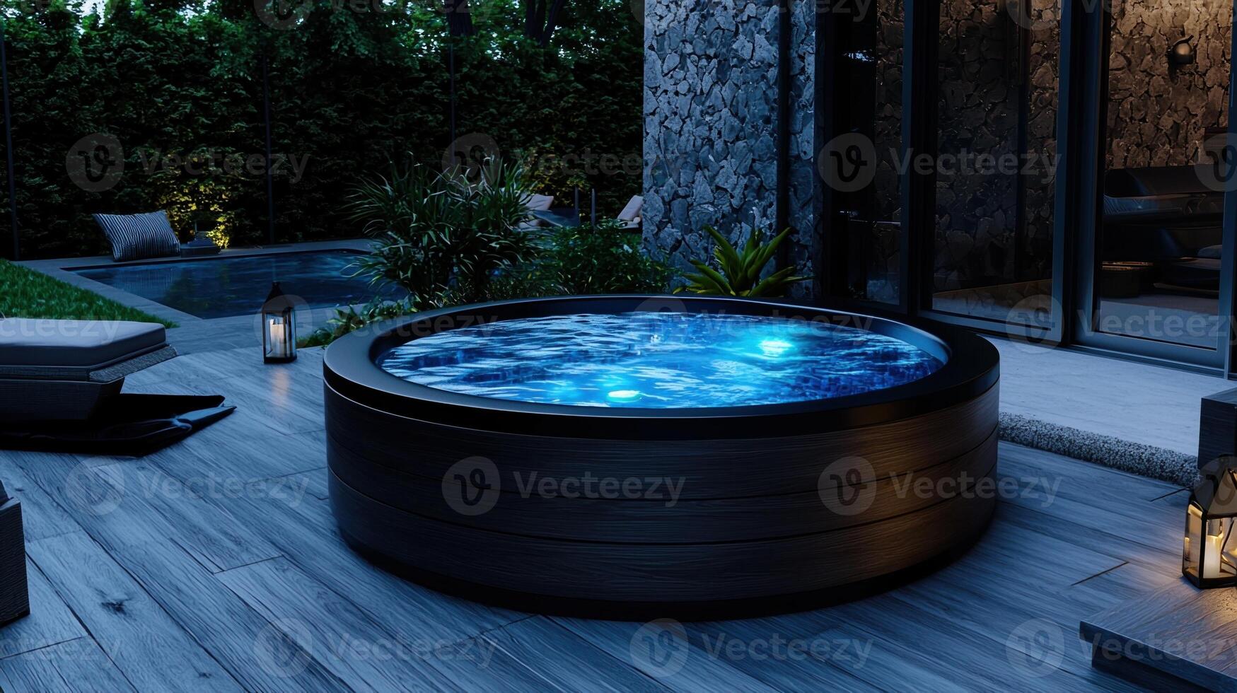 A large, wooden bathtub with blue water and a blue light photo