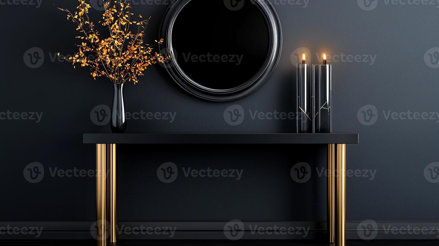 A black console table with candles and a mirror photo