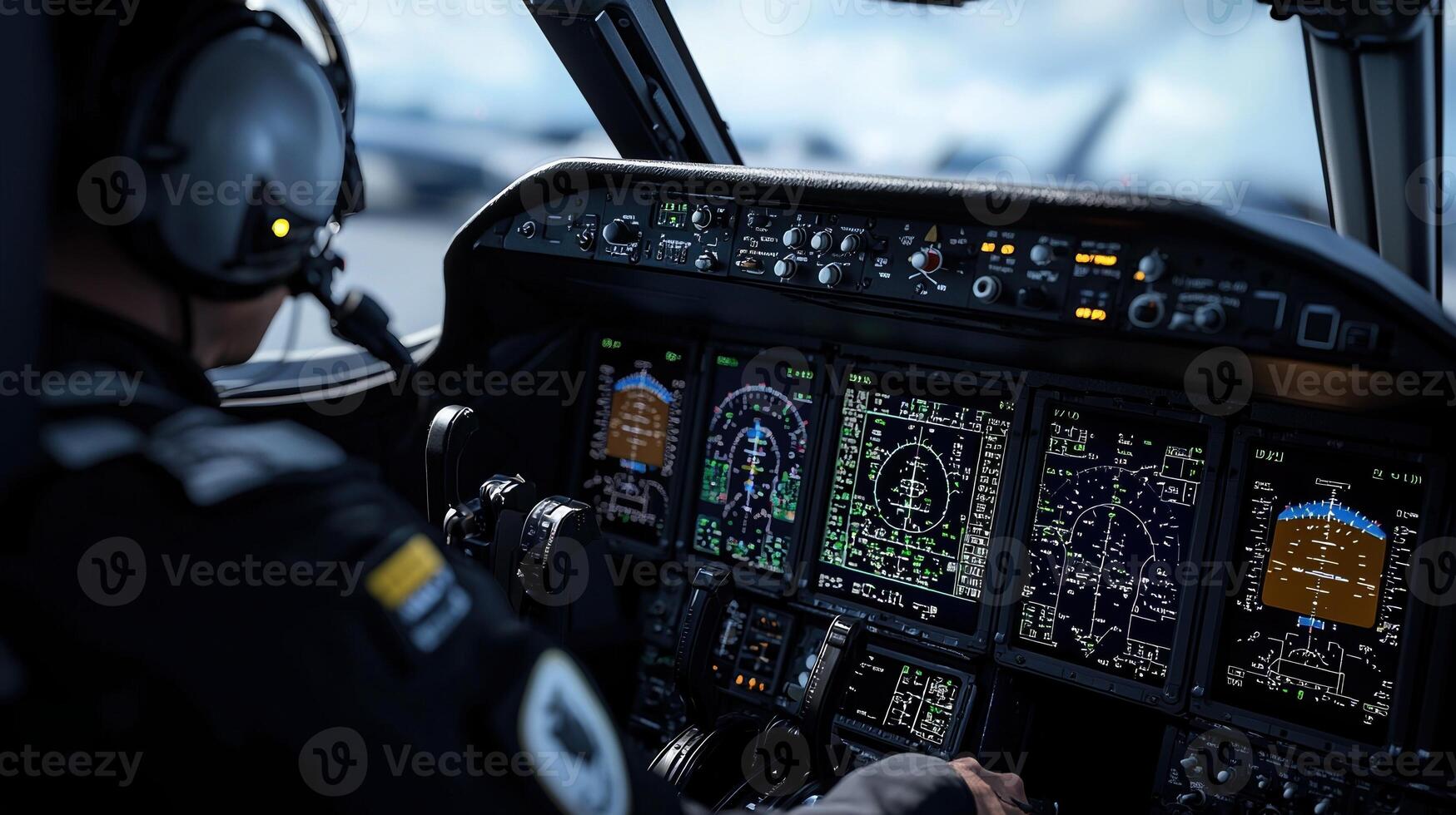 A pilot is in the cockpit of an airplane, looking at the instruments photo