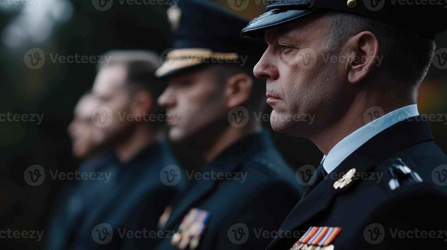 Three men in military uniforms stand in a line, with one of them wearing a hat photo