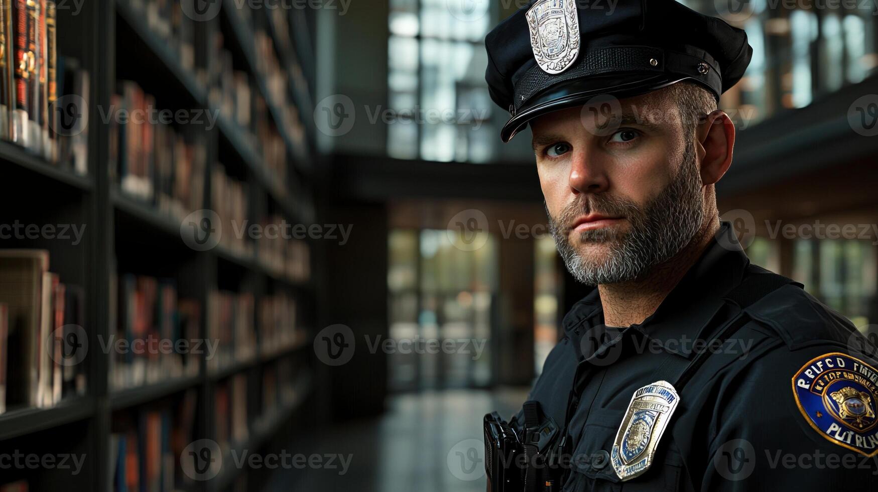 A police officer stands in front of a library with a badge on his chest photo