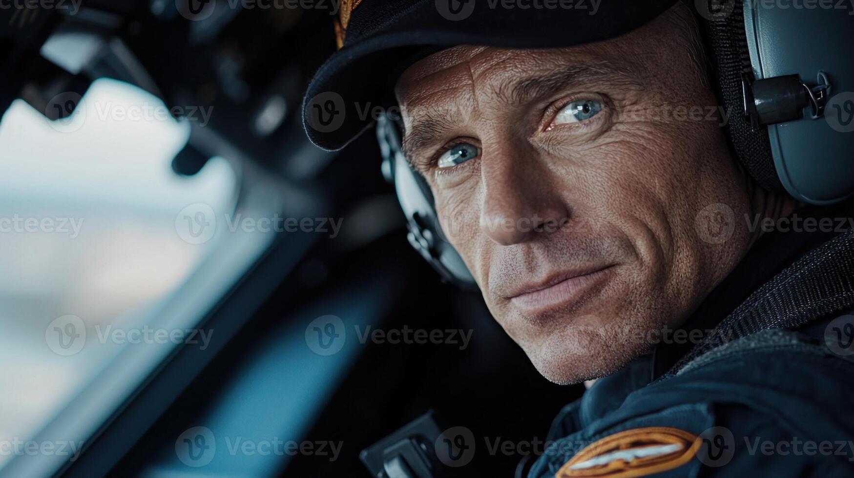 A man in a pilot's hat is sitting in the cockpit of an airplane photo