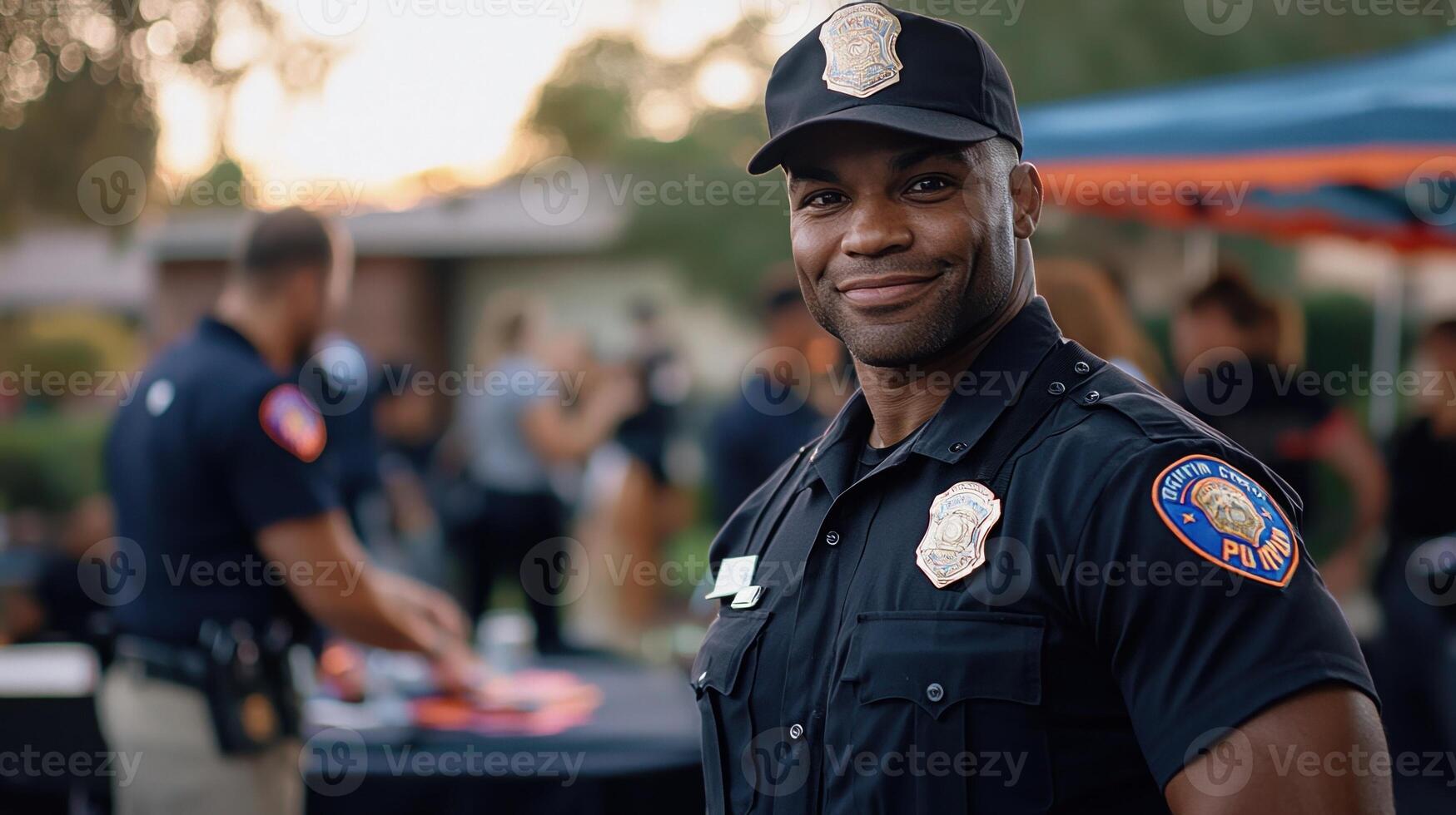 A police officer is smiling and posing for a picture photo