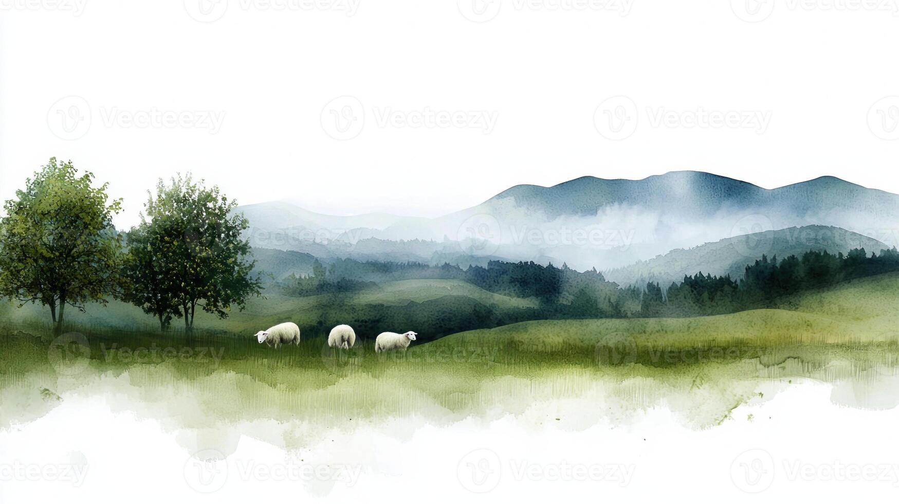 A group of sheep are grazing in a grassy field with a mountain in the background photo