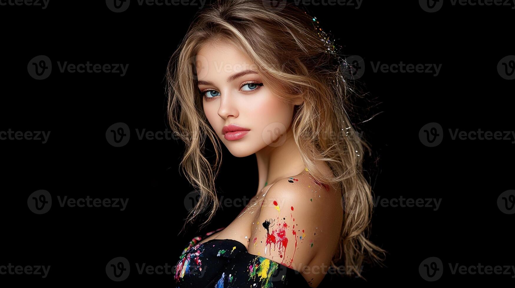 A woman with long blonde hair and a colorful dress photo