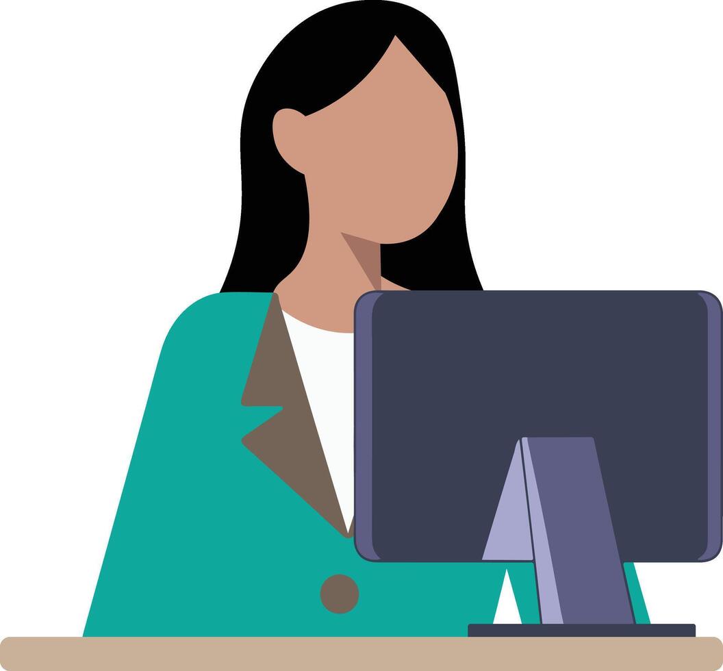 A woman is sitting at a desk with a computer vector