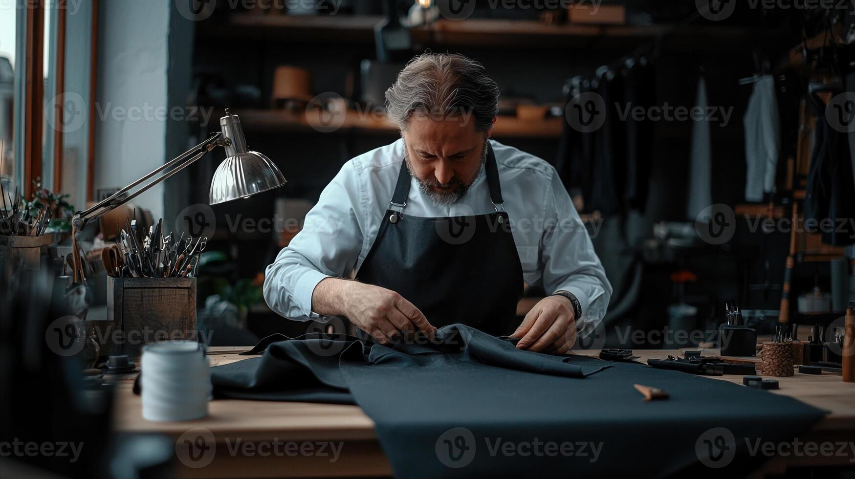 A man is working on a piece of fabric photo