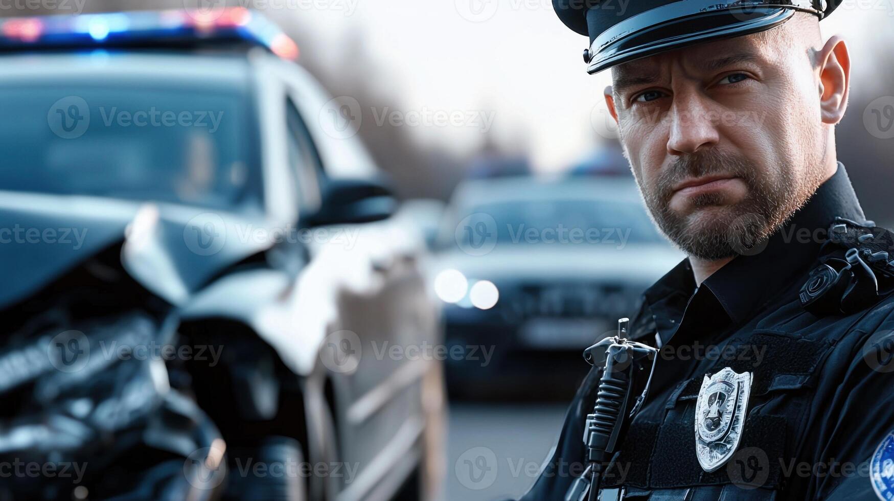 A police officer stands in front of a car that has been in an accident photo