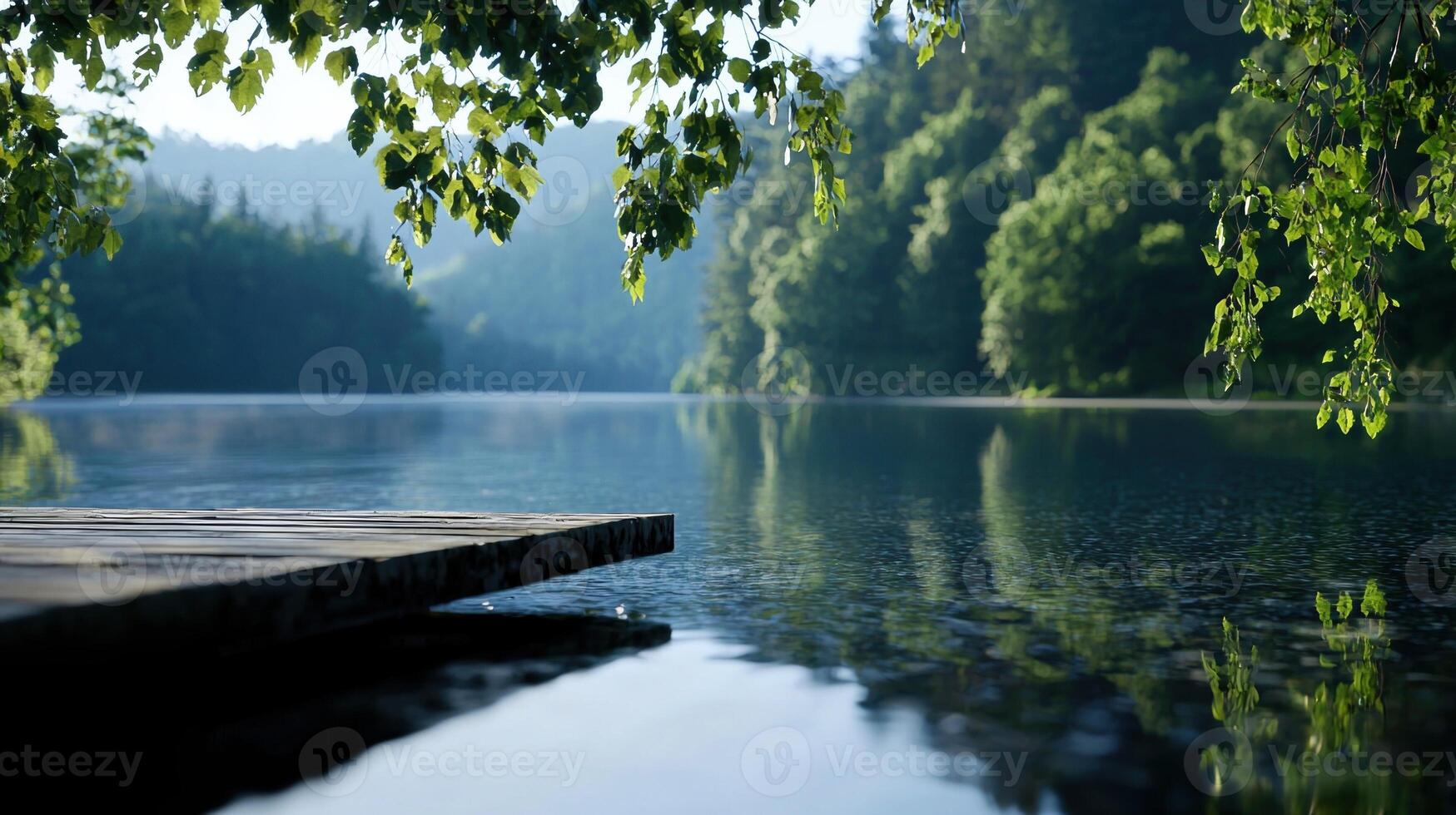 A wooden dock sits on the edge of a lake photo
