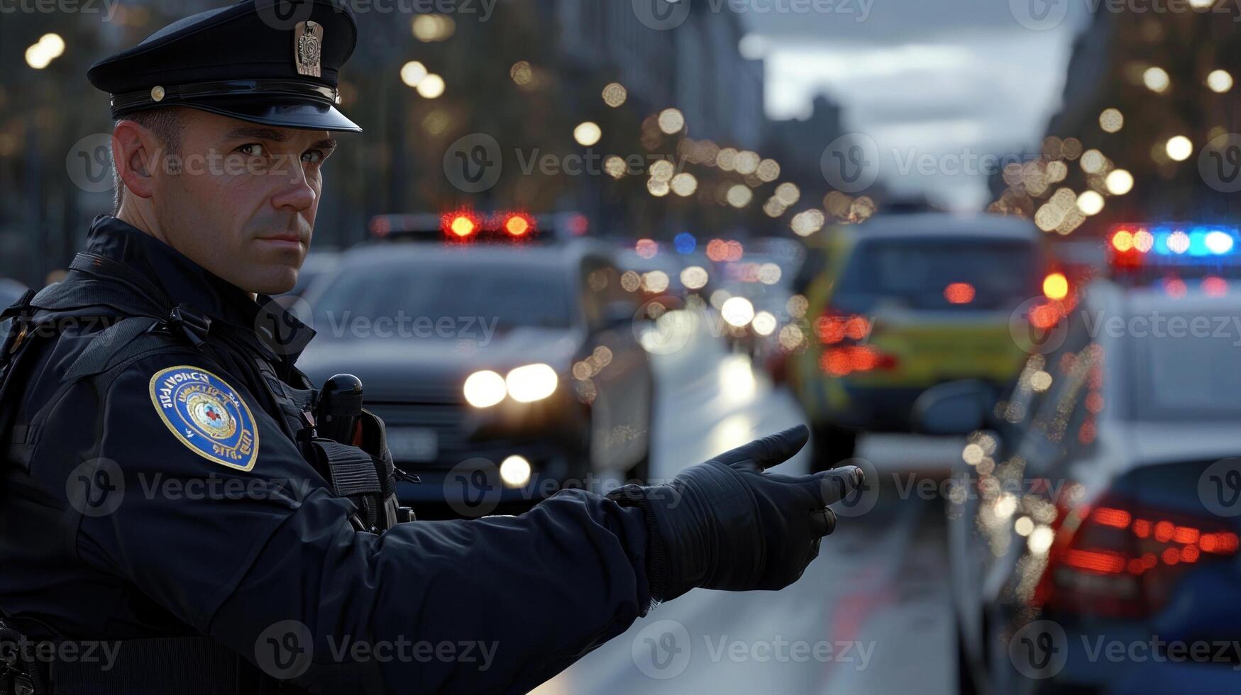 A police officer pointing to the traffic photo