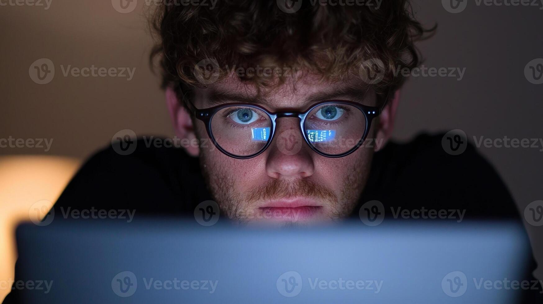 A man wearing glasses and looking at a laptop photo
