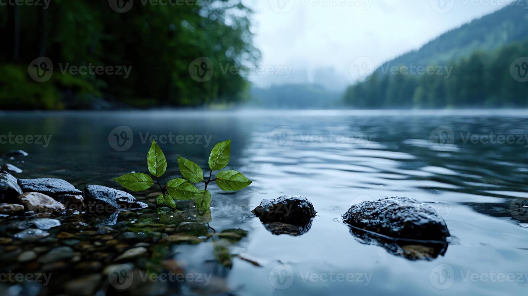 A small plant is sitting on the rocks in the water photo