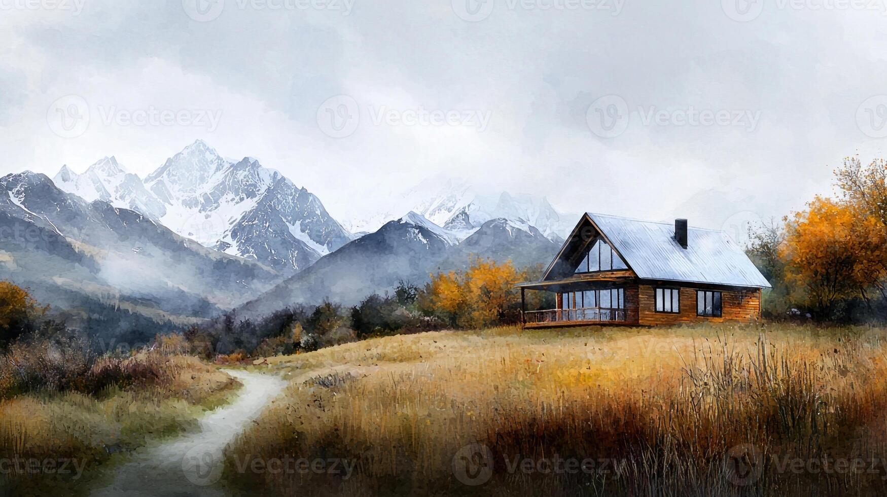 A painting of a cabin in the mountains photo