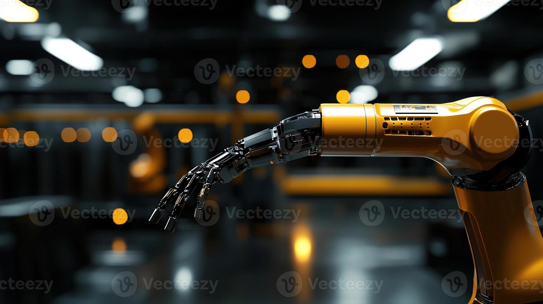 A robot arm with a yellow handle is shown in a dark room photo