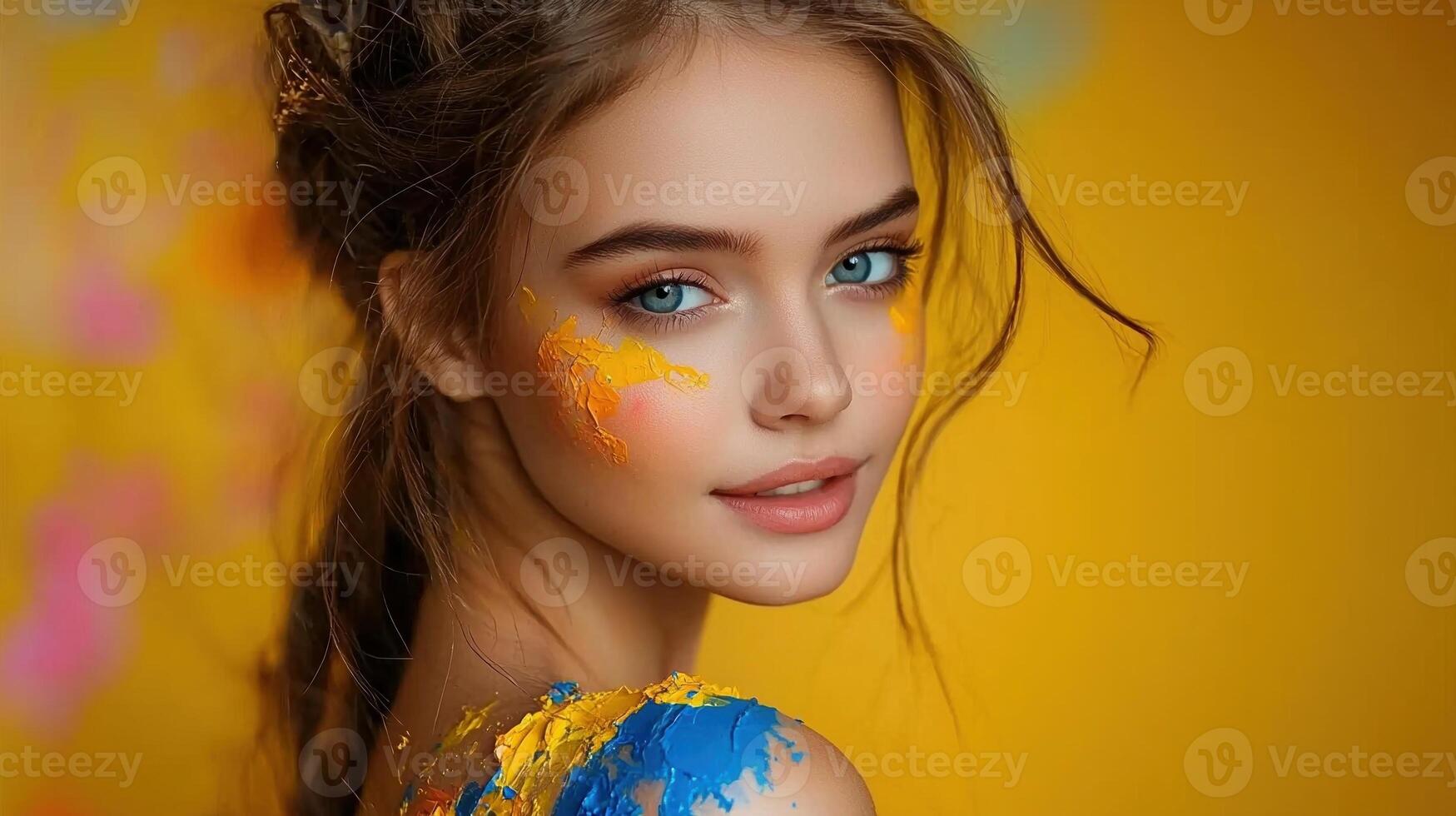 Beautiful girl with colorful paint on her face photo
