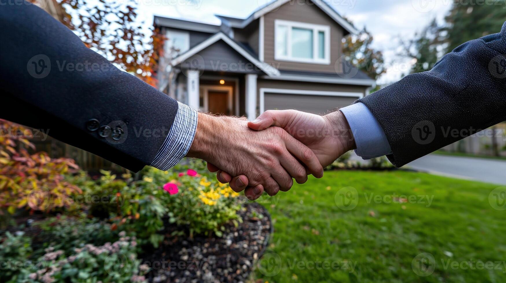 Two men shaking hands in front of a house photo