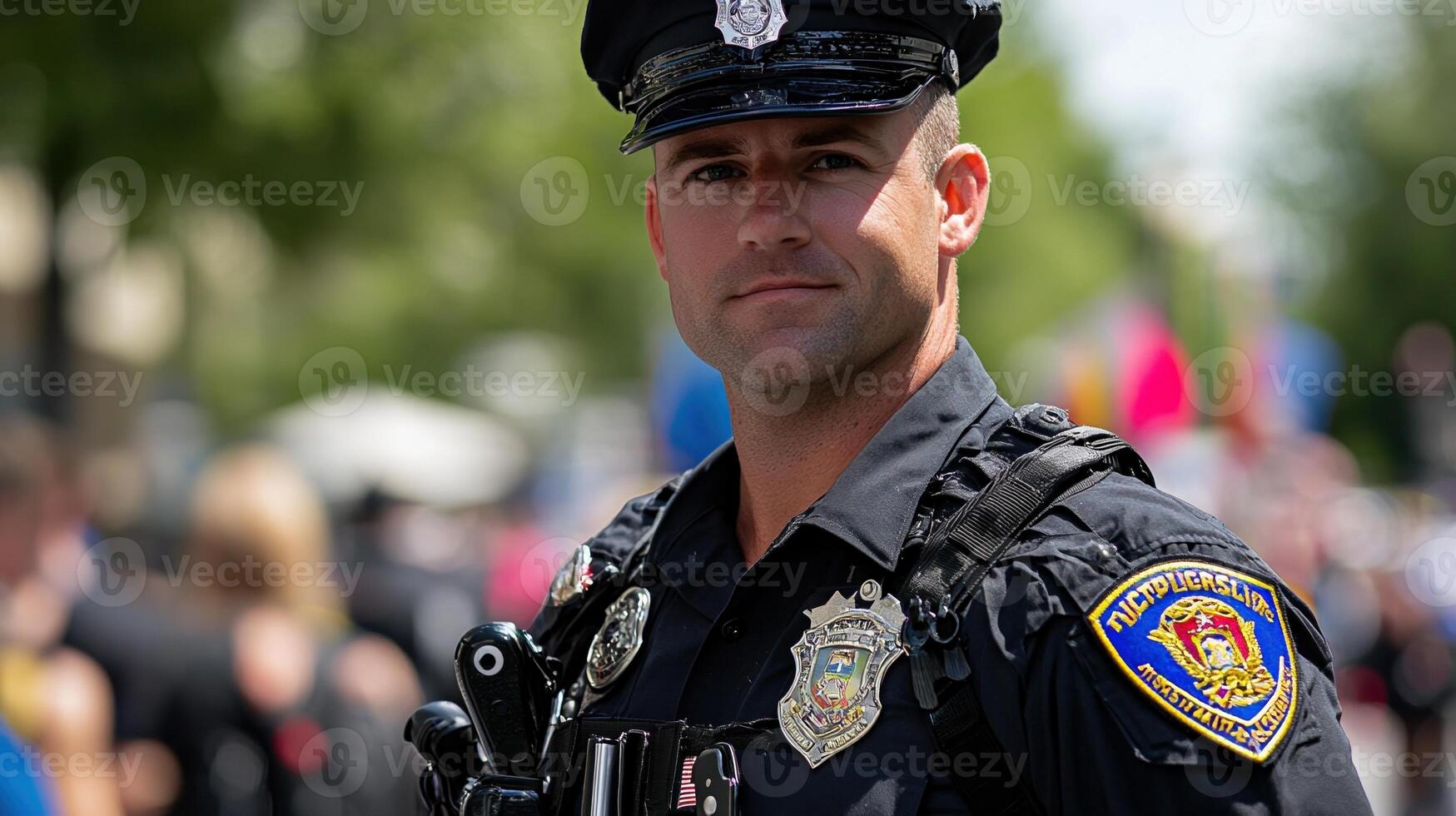 A police officer stands in a crowd with his hands on his hips photo