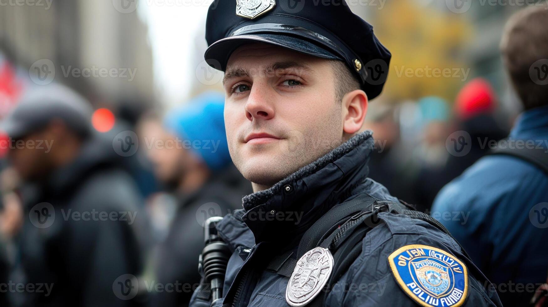 A police officer in uniform standing in front of a crowd photo