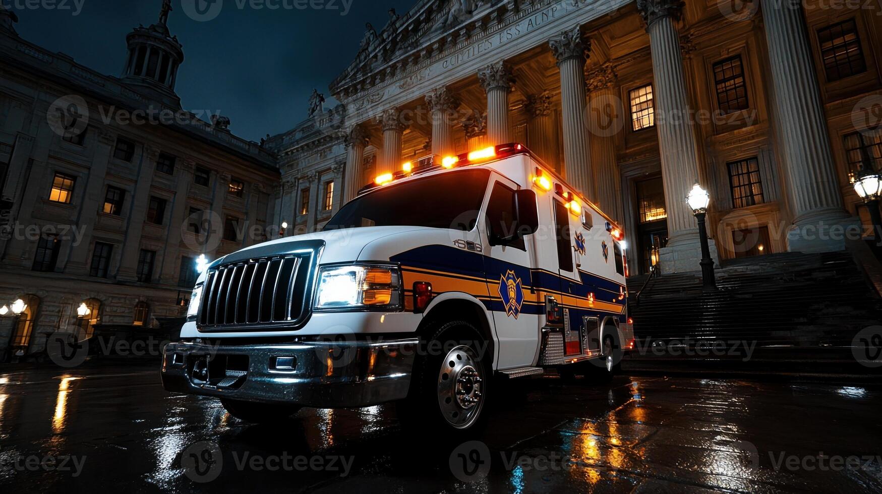 A white ambulance with the word emergency on the side photo