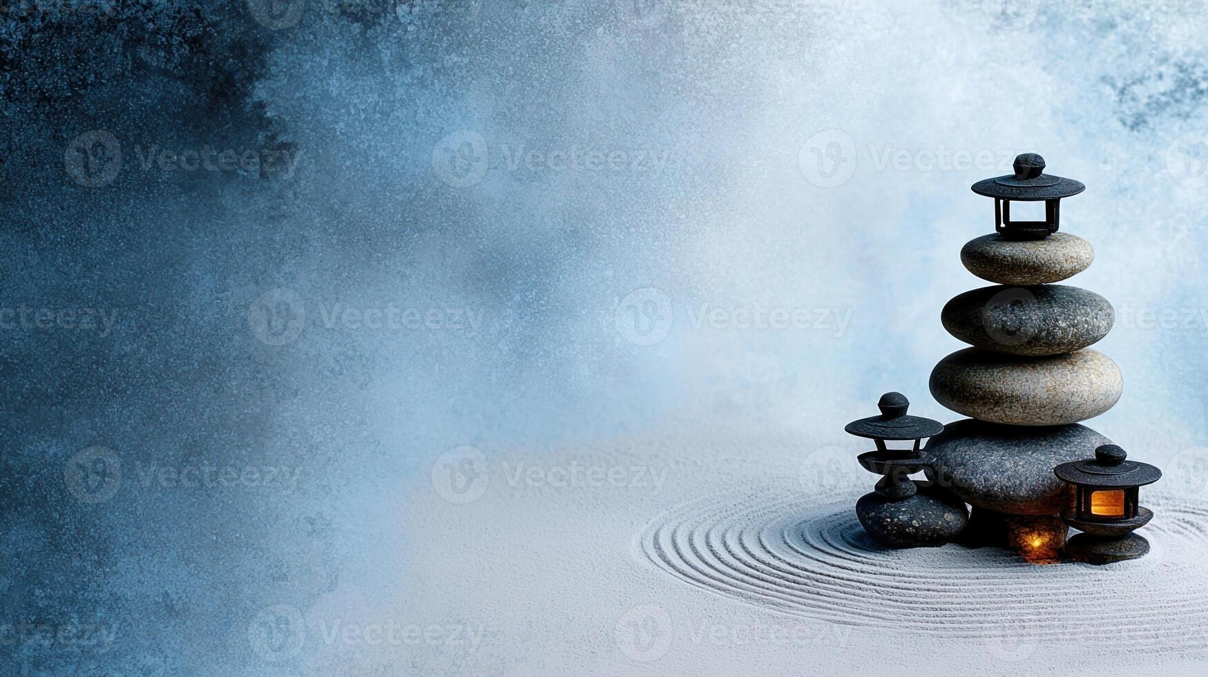 A serene scene of three lanterns and three rocks on a sandy beach photo