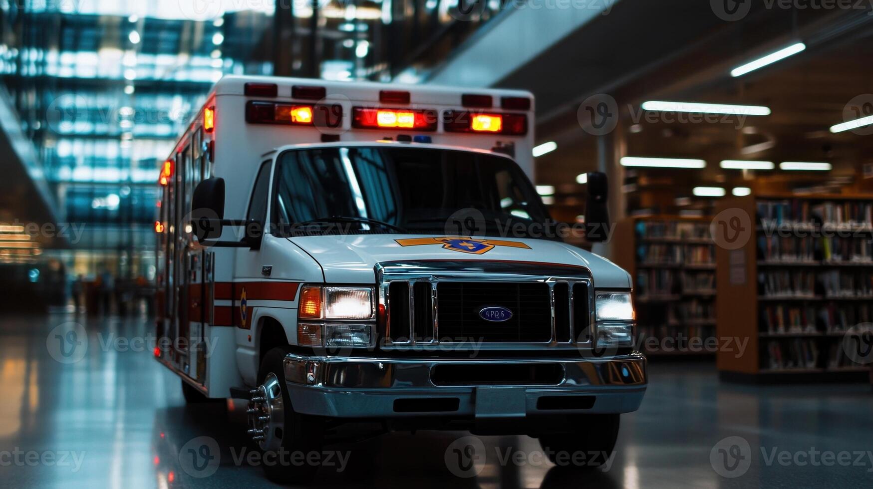 A white ambulance with red lights on is parked in a library photo