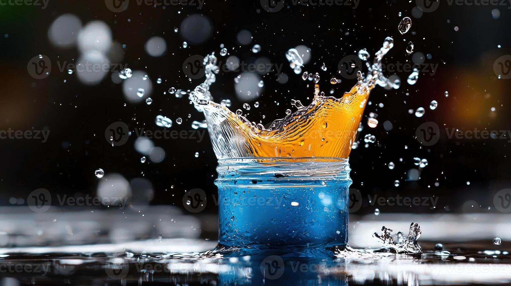 A splash of water with a blue and orange object in the middle photo