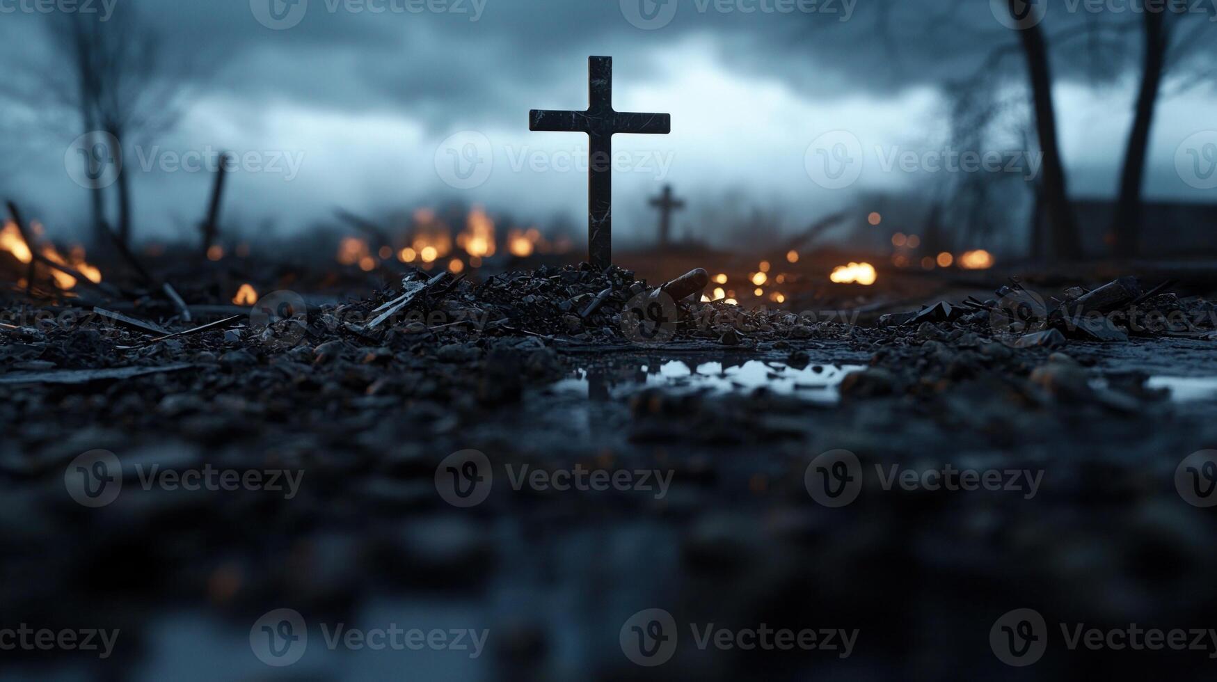 A cross is in the middle of a pile of rubble photo