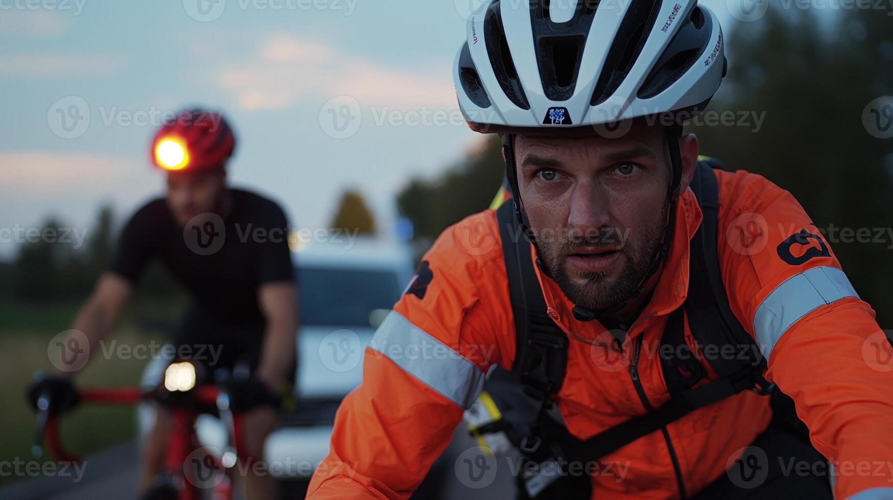A man in an orange jacket is riding a bike next to a man in a black helmet photo