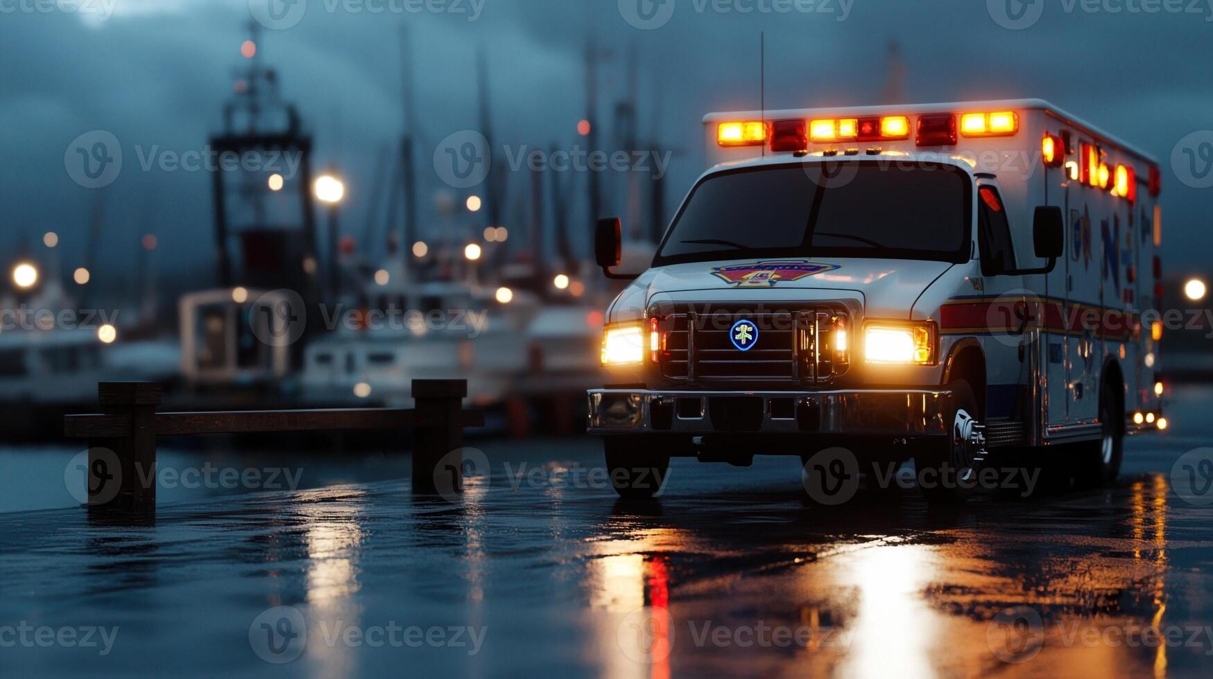 A white ambulance with red and blue lights is parked in front of a dock photo
