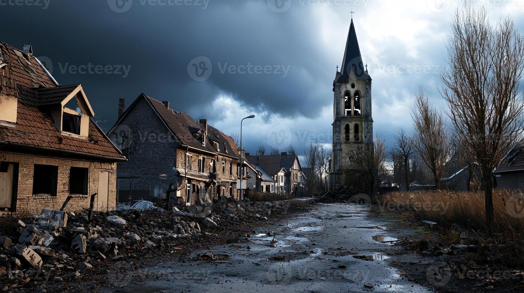 A desolate town with a large church tower in the background photo