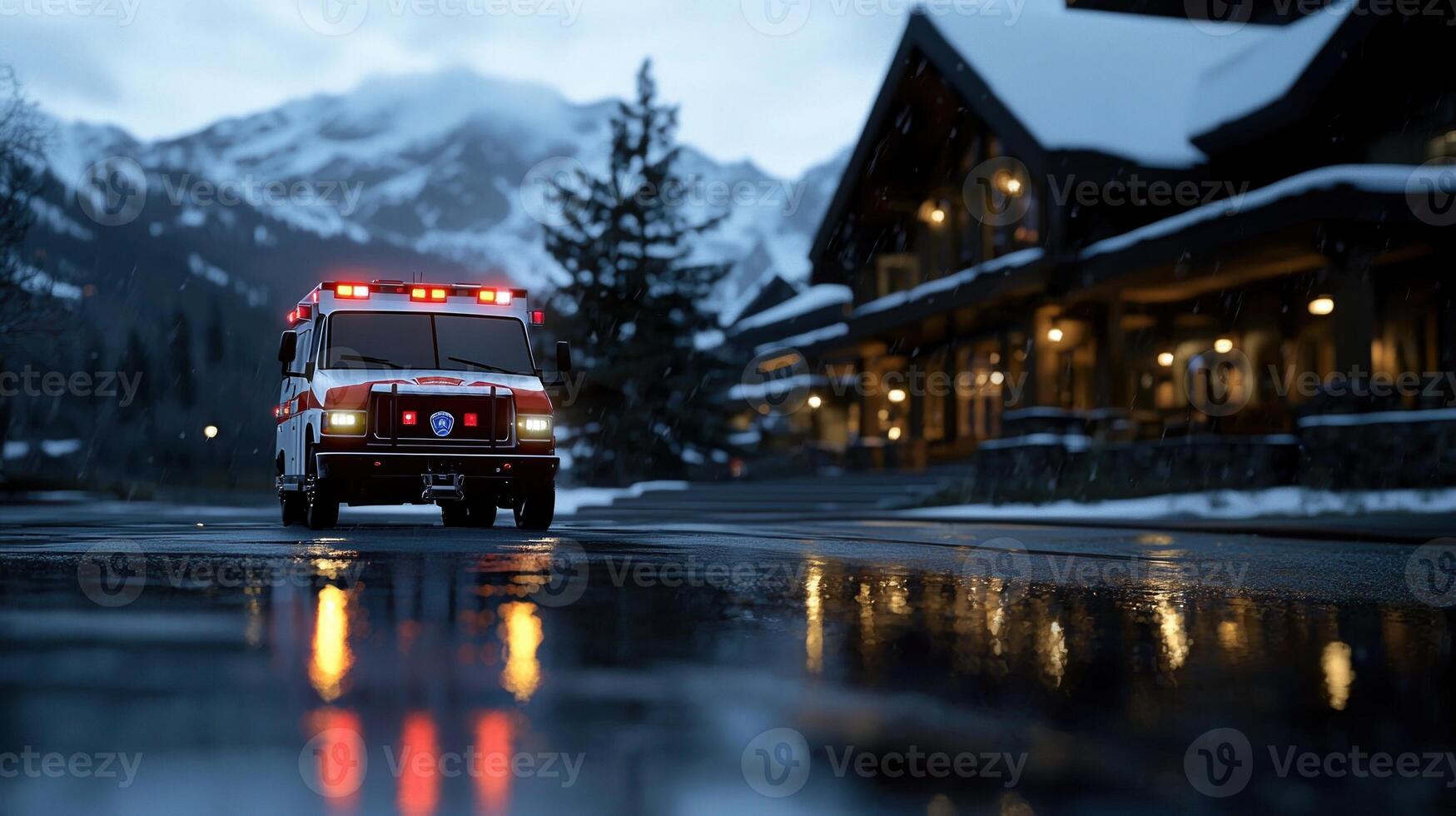An ambulance is driving down a snowy road photo