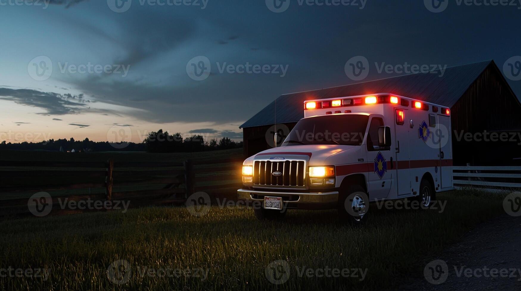 A white ambulance with red lights is parked in a field photo