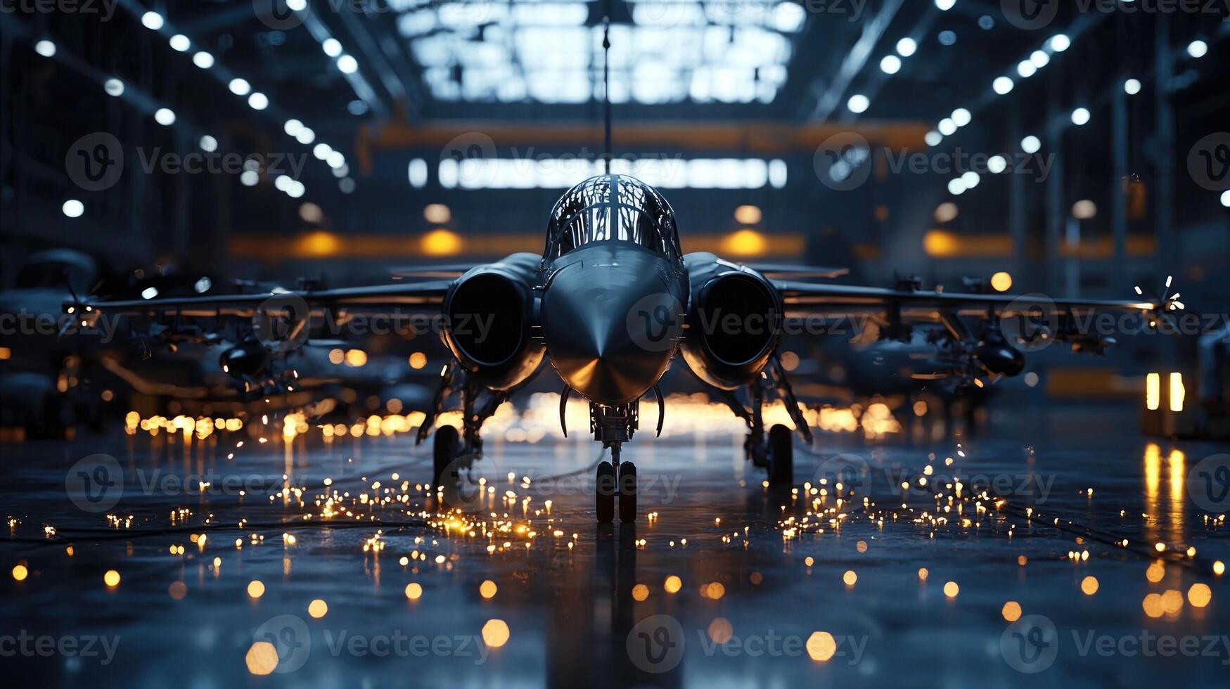 A jet is on the runway with a lot of lights around it photo