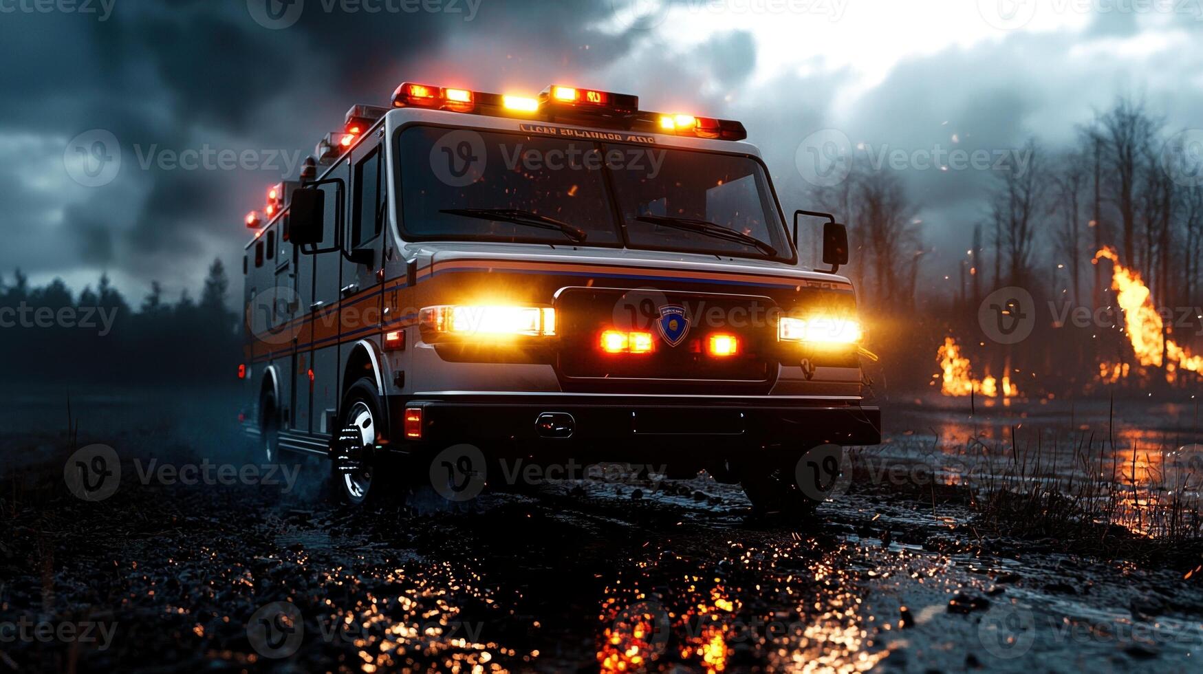 An ambulance is driving down a road at night photo