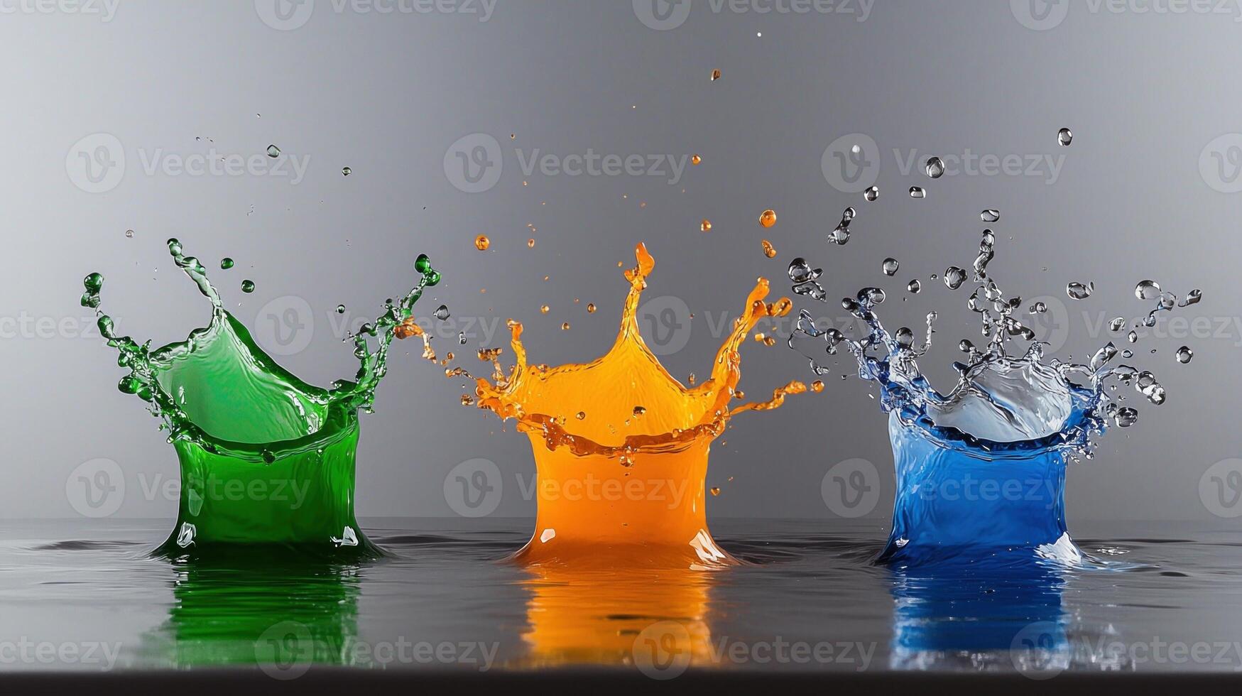 Three colorful water droplets are splashing in the air, creating a vibrant photo