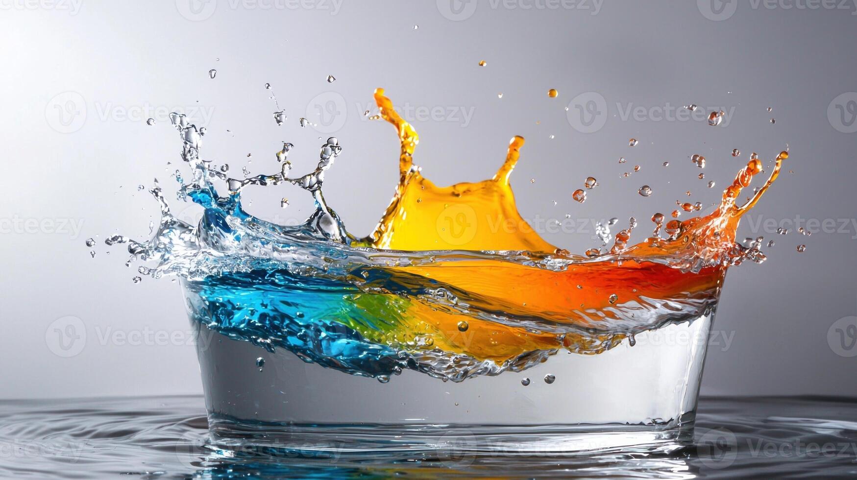 Colorful liquid splashes into a glass photo